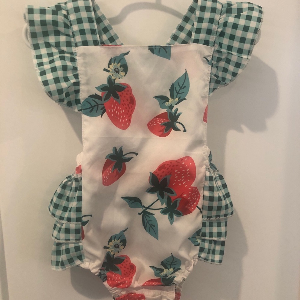 Strawberry Print Baby Romper with Green Gingham